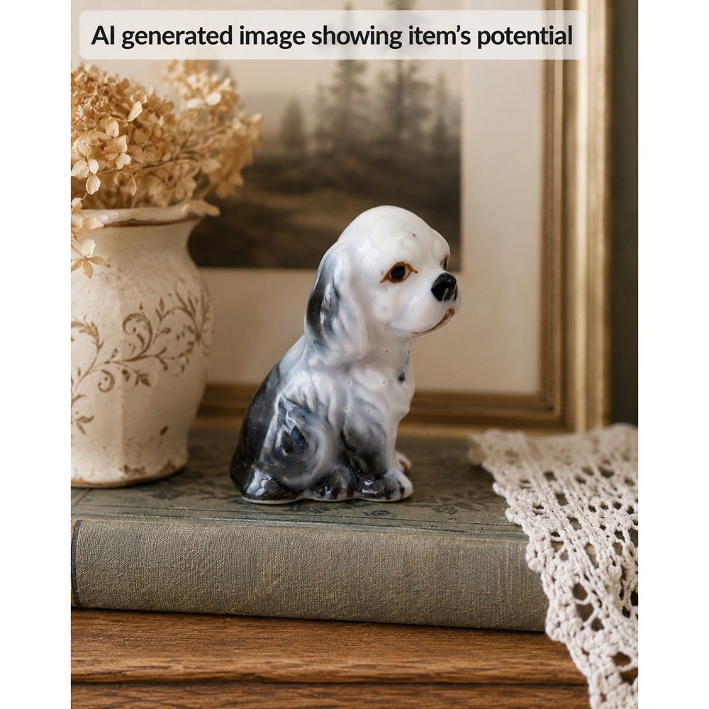 Vintage Glossy Ceramic Cocker Spaniel Dog Figurine Black White 2" Mini